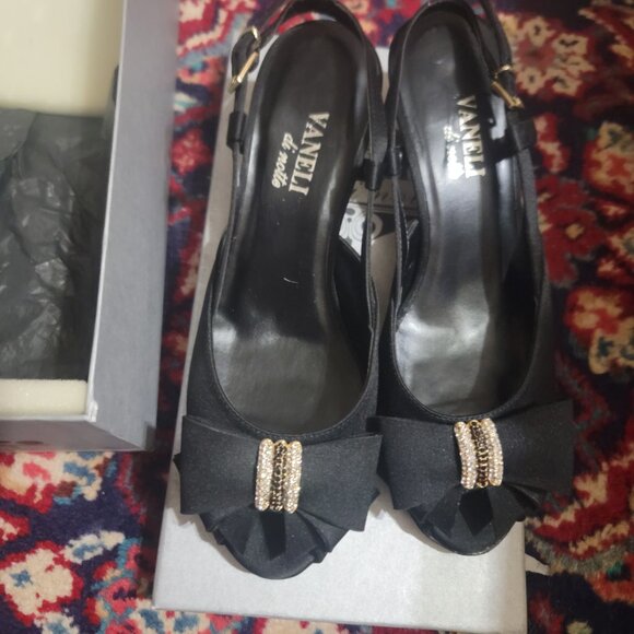 Vaneli Di Notte Black Satin Derrall Shoes W Bow Made In Italy 7 1/2 - Picture 1 of 16
